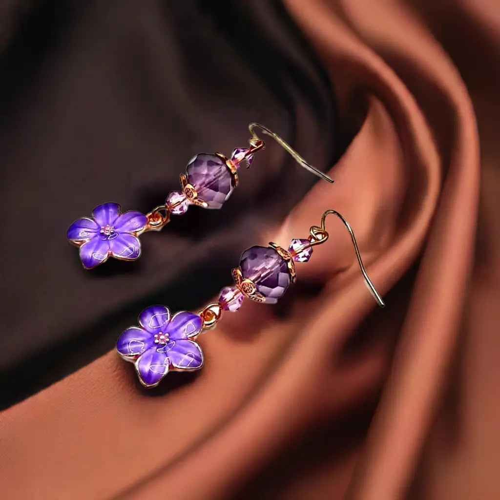 Purple flower enamel earrings - Image #2