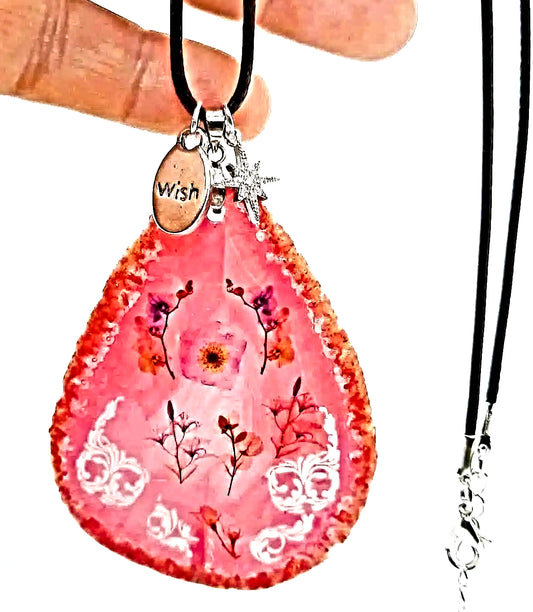 Handcrafted pink agate slice necklace