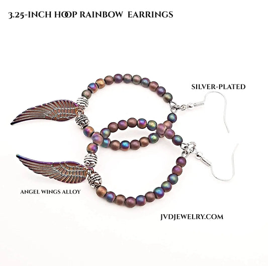 Rainbow hoop with wings earrings