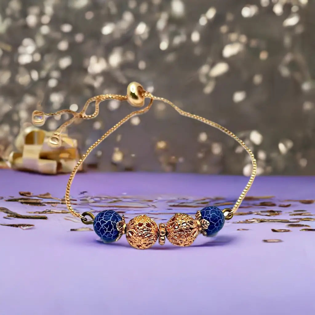 Gold adjustable blue agate Bracelet - Image #2