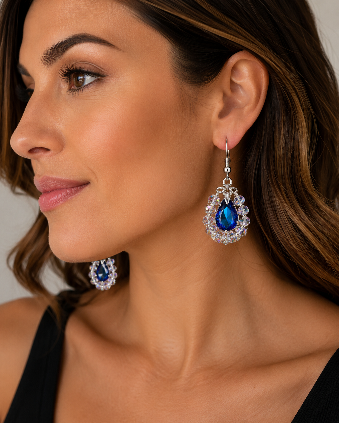 Blue Crystal Teardrop Earrings – Iridescent Glass Bead Dangle Drops