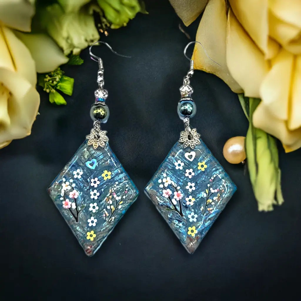 Long light wood triangle resin flowers Earrings 3.5inches