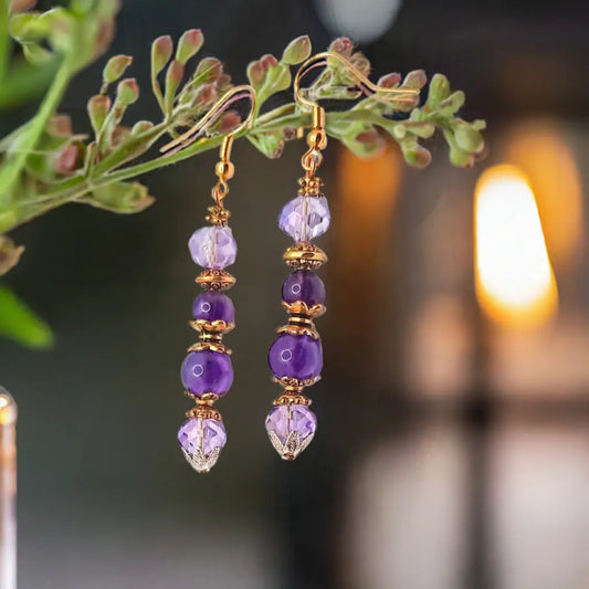 Gold plated amethyst purple Earrings 2.25 inches