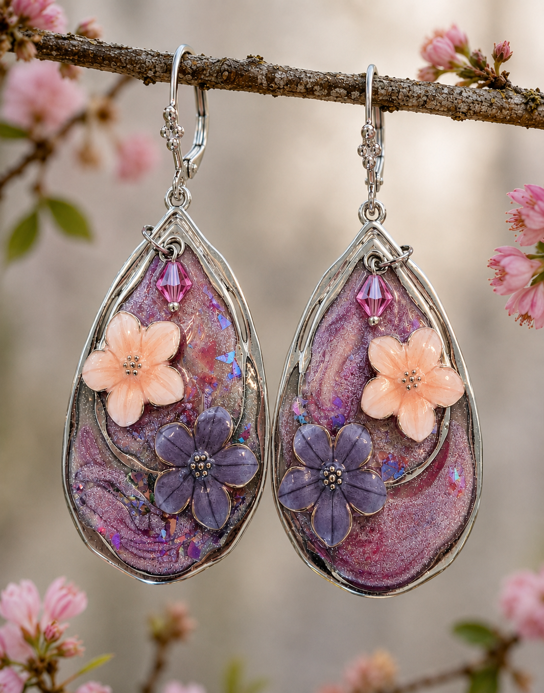Purple & Peach Floral Resin Teardrop Earrings – Handmade Pink Crystal Silver Leverback Earrings