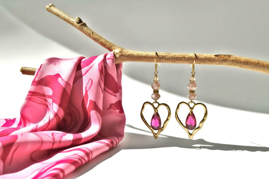 Gold Heart Crystal Drop Earrings | 14K Gold Hooks | Handmade Jewelry