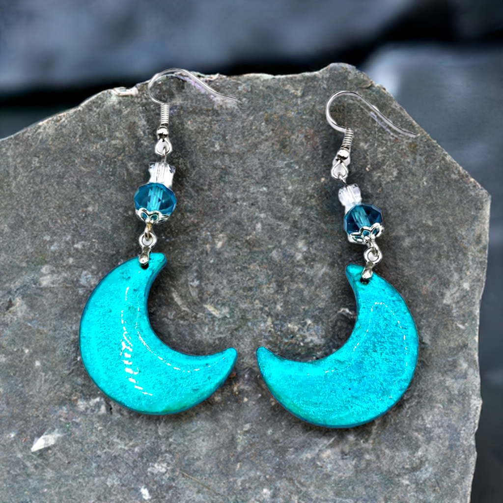 Resincrete moon turquoise 2.5inches Earrings with beads