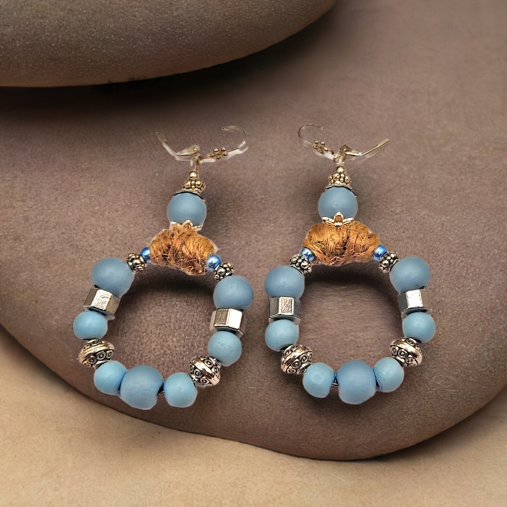 Blue Teal wooden beaded hoop Earrings 3 inches