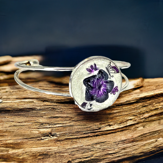 Silver adjustable Resin flower handpainted Bracelet