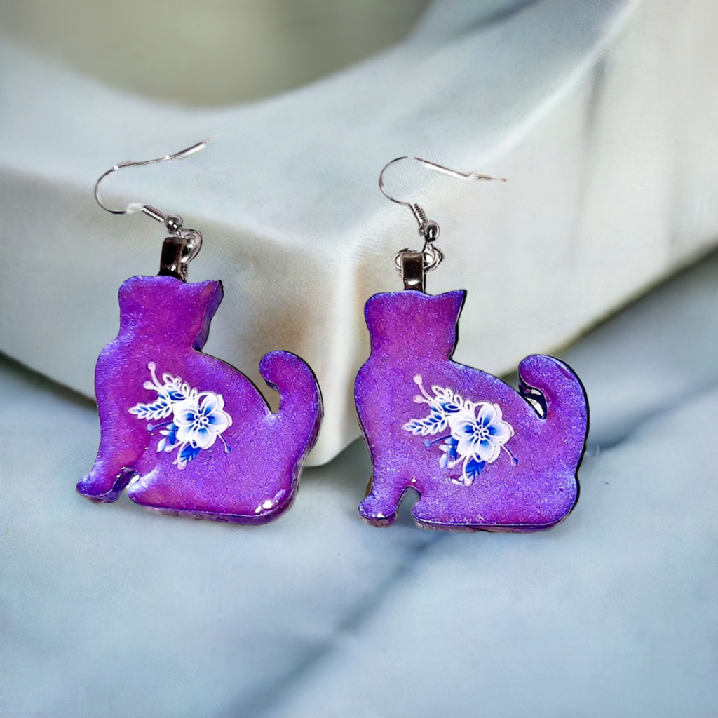 Resincrete Cat Earrings purple iridescent white flowers 2"x1"