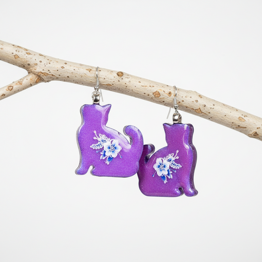 Resincrete Cat Earrings purple iridescent white flowers 2"x1"