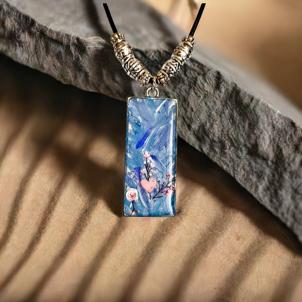 Handpainted Pendant with stickers 1.5" x 0.75" blue pink resincrete Necklace