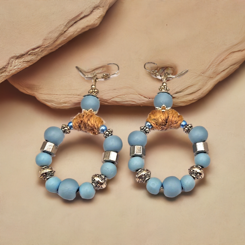 Blue Teal wooden beaded hoop Earrings 3 inches