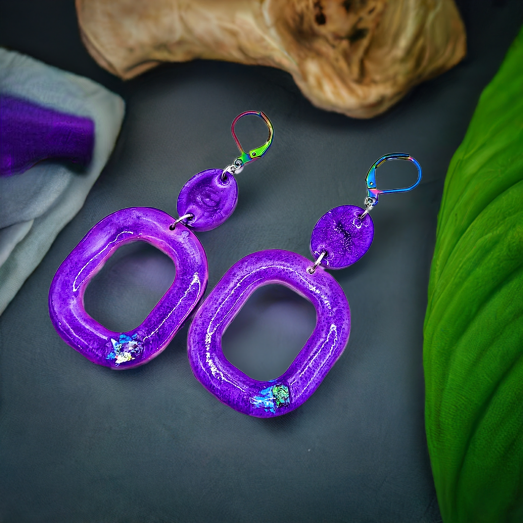 Purple Elegant Resincrete Earrings 2.75inches