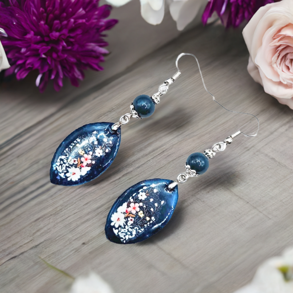 Resincrete navy Blue with Fowers Earrings 2.5 inches