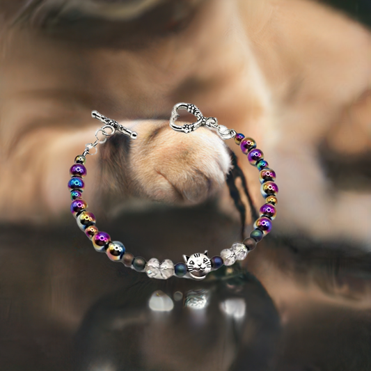 Silver cat wire wrapped hematite bracelet