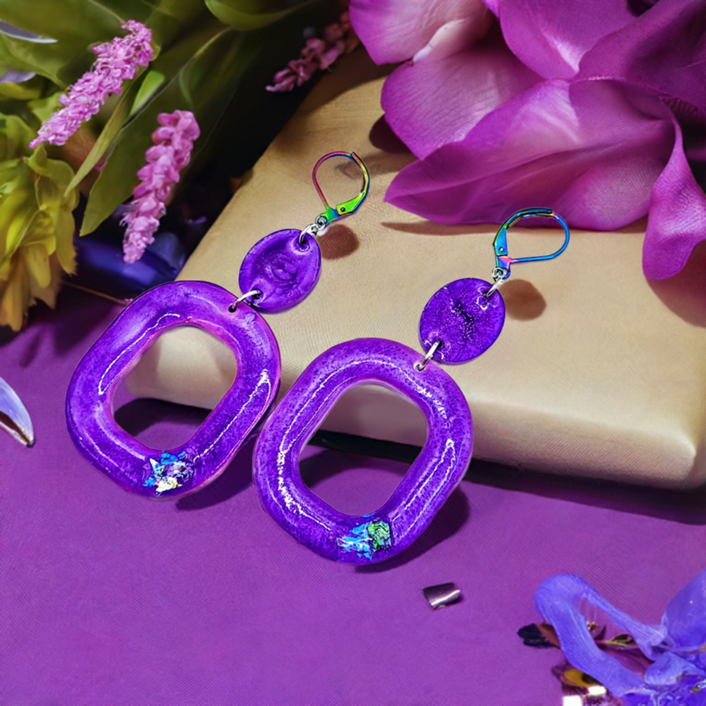 Purple Elegant Resincrete Earrings 2.75inches