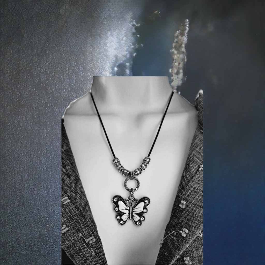 Black and white butterfly Necklace with silver beads