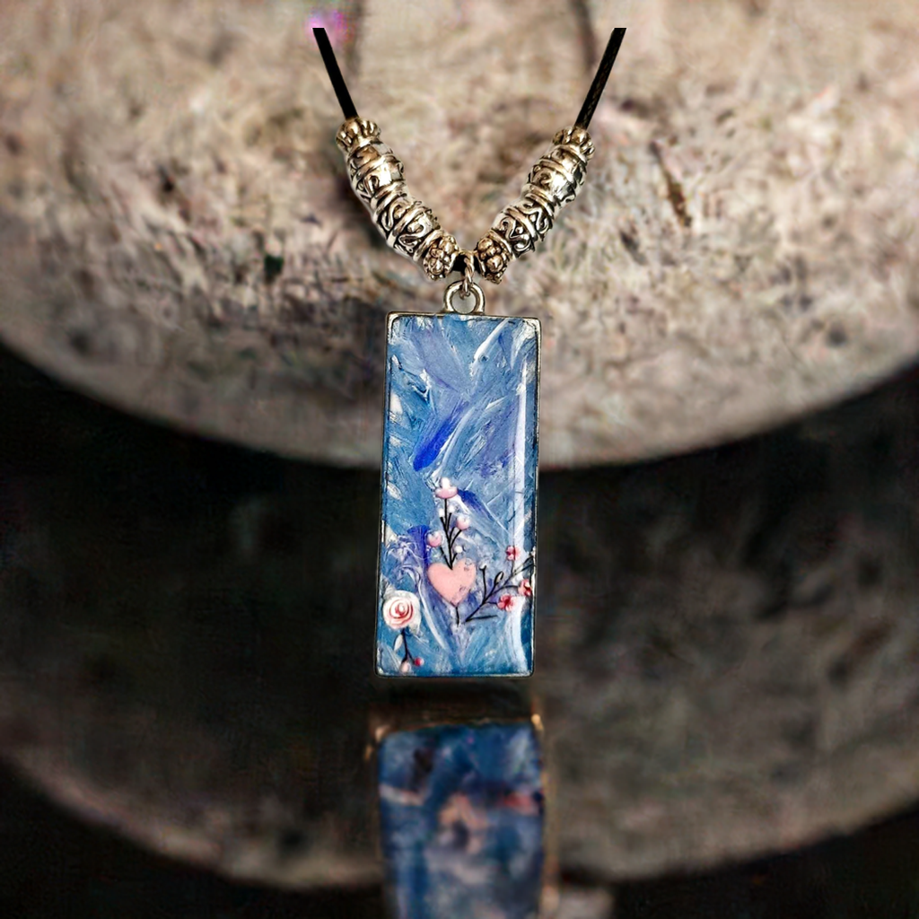 Handpainted Pendant with stickers 1.5" x 0.75" blue pink resincrete Necklace