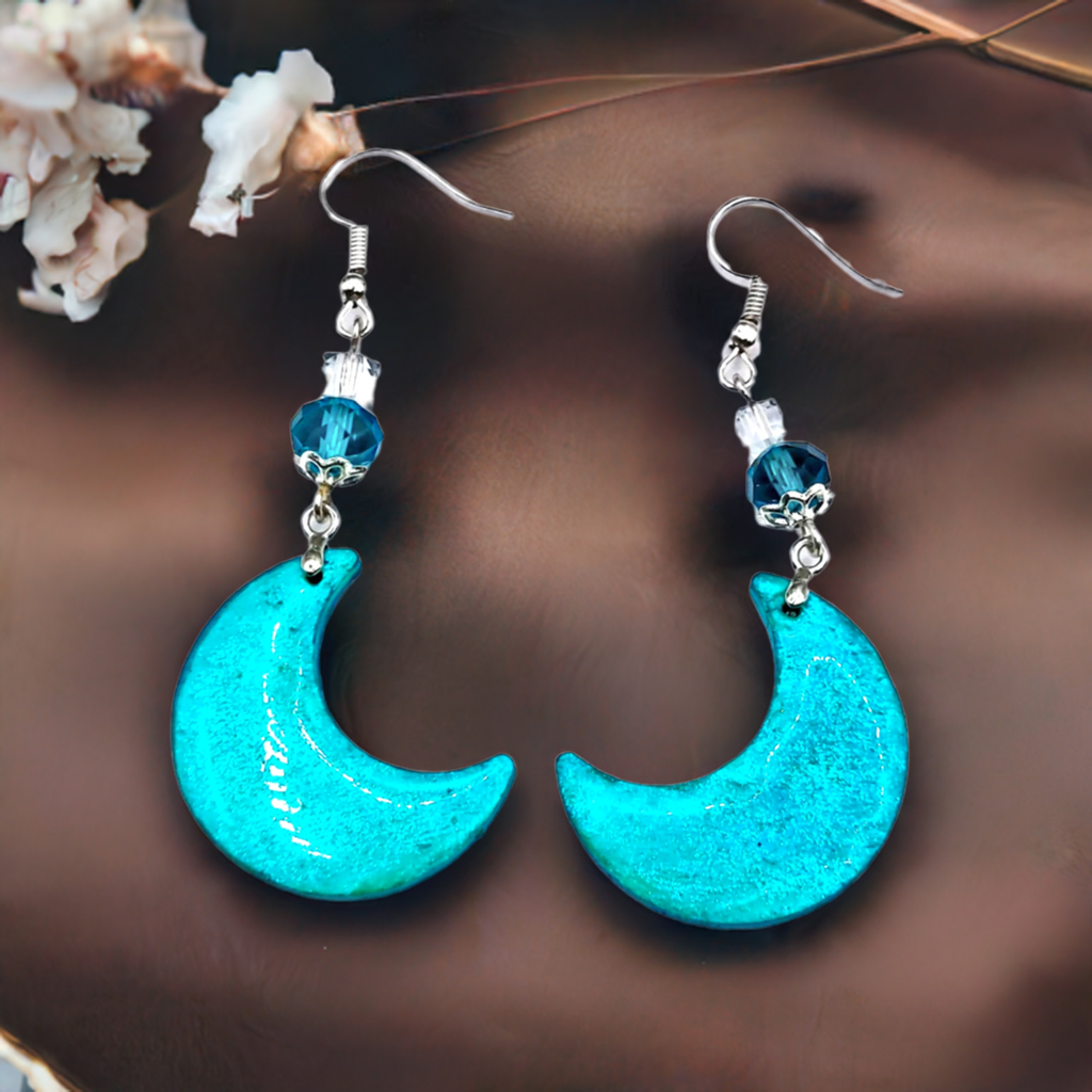 Resincrete moon turquoise 2.5inches Earrings with beads