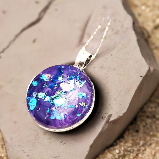 RoundSilver Frame Resin Art Necklace