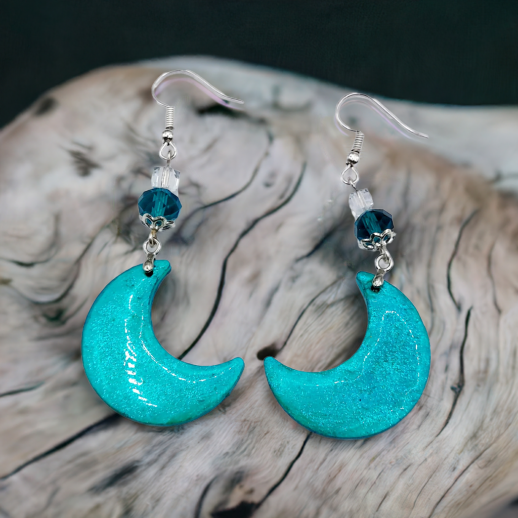 Resincrete moon turquoise 2.5inches Earrings with beads