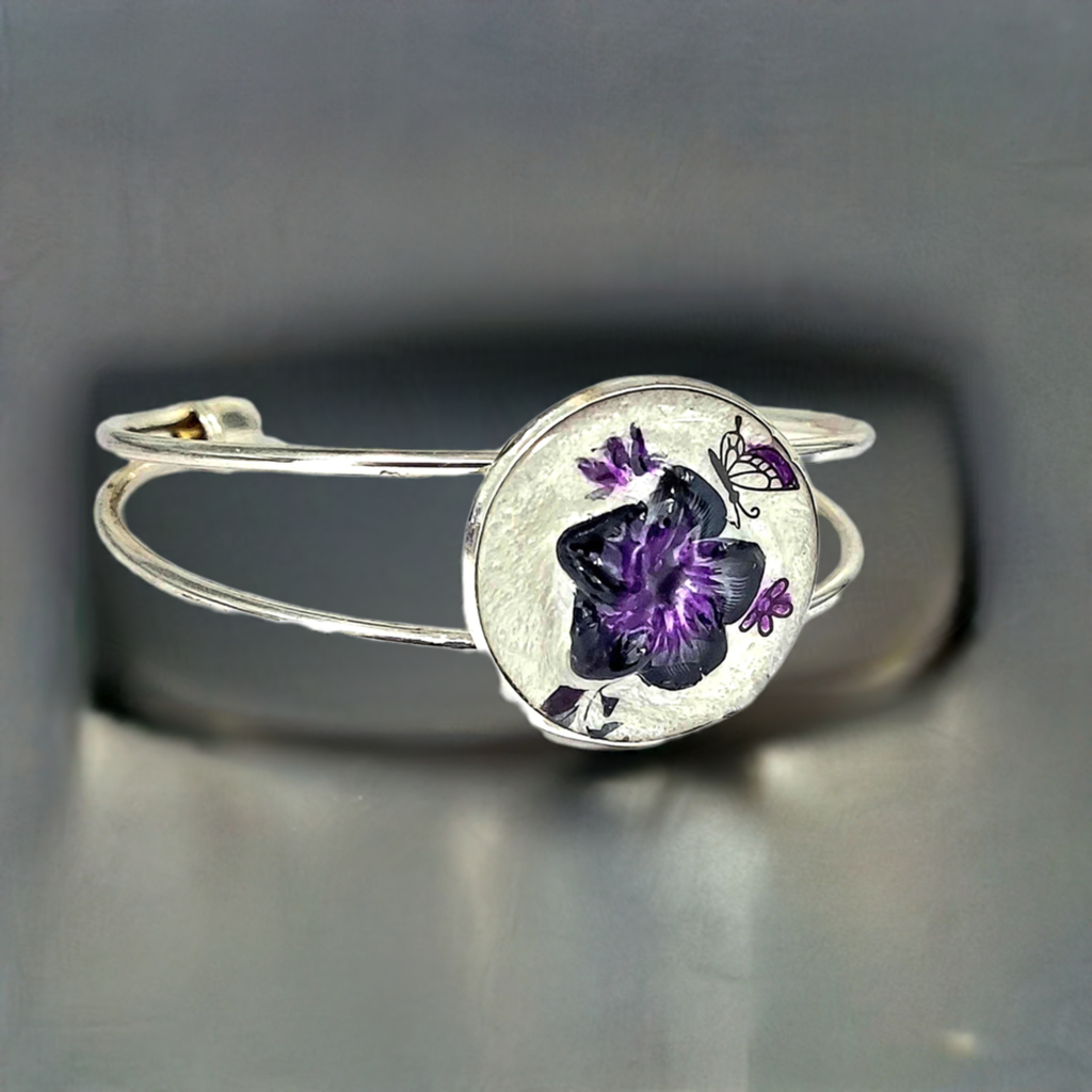 Silver adjustable Resin flower handpainted Bracelet