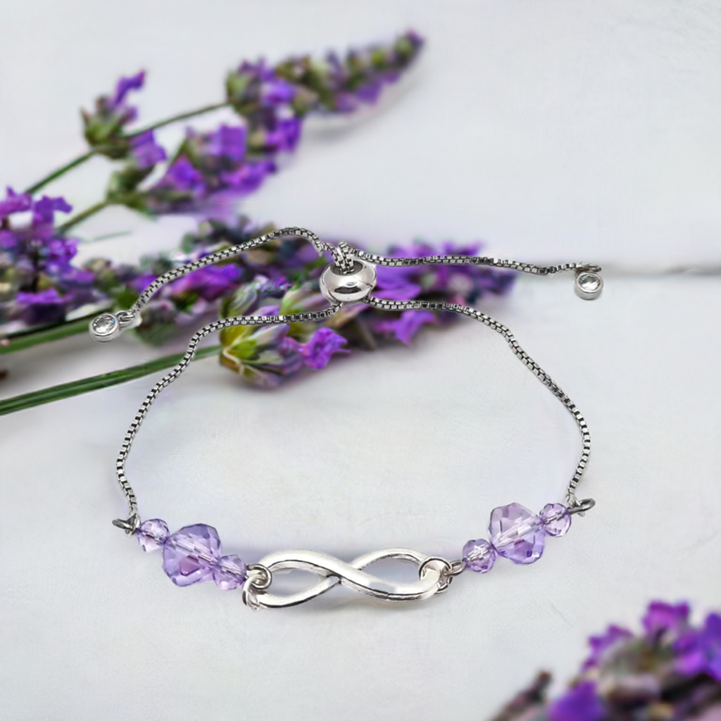 Alloy shiny silver infinity bracelet purpe crystals