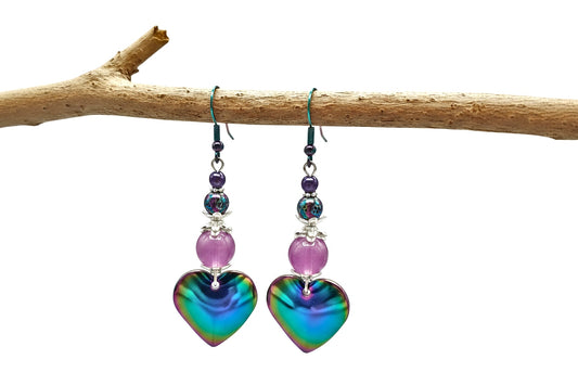 Rainbow Stainless Steel Heart Earrings - Handmade Lava Bead Dangle Earrings 2.5"
