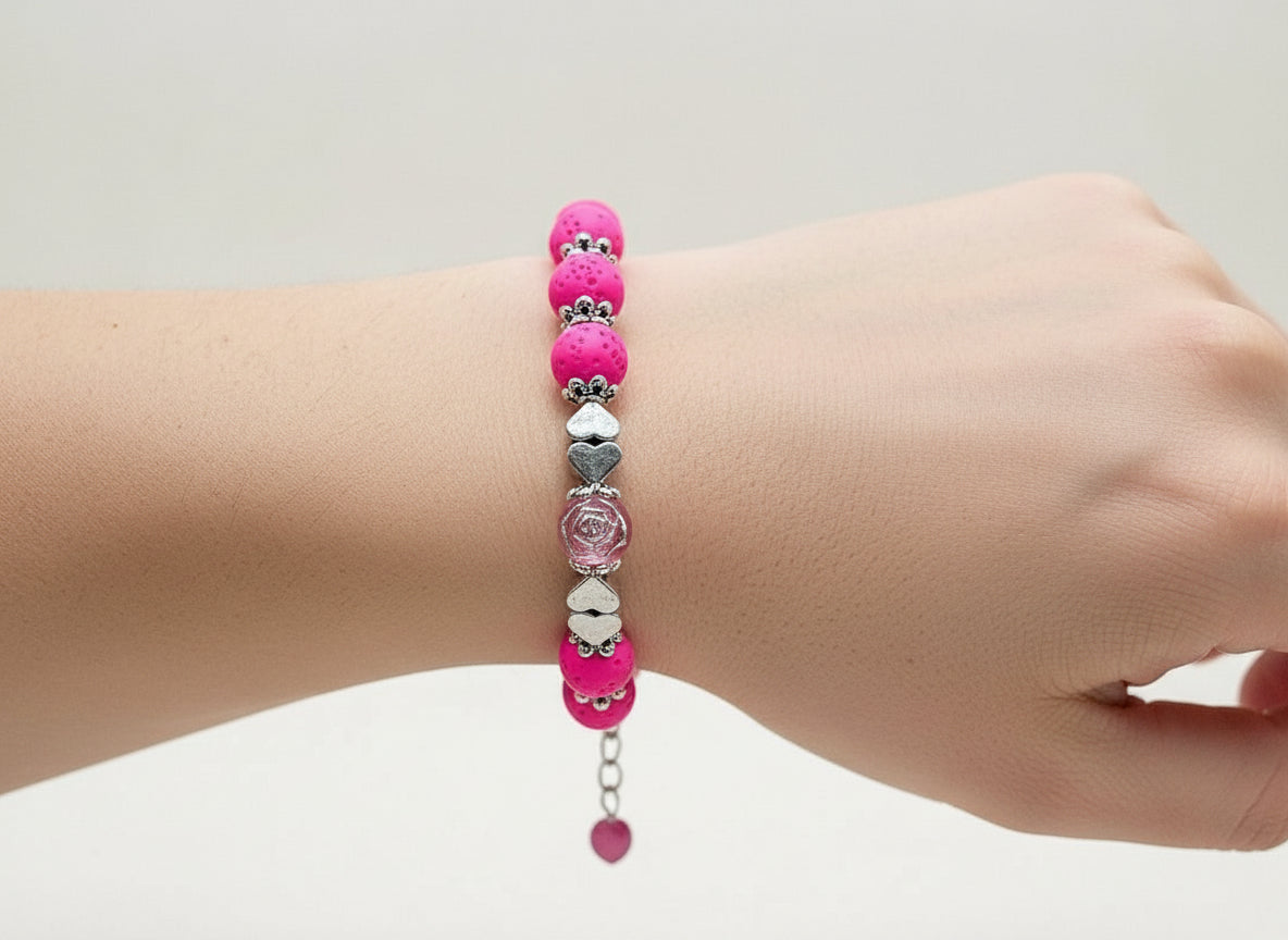 Pink Lava Bead Anklet - Stretch Design with Glass & Silver Hearts | 8.5-11"