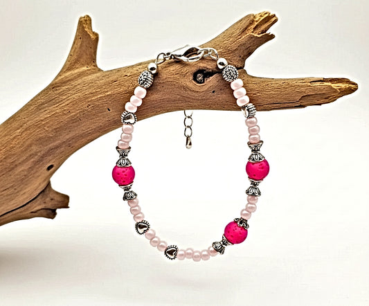 Pink Lava Bead Anklet – Handmade Stretch Ankle Bracelet with Glass Beads