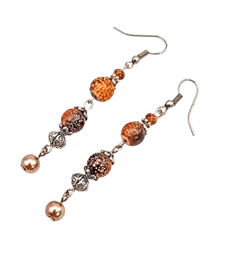 Brown beaded silver earrings
