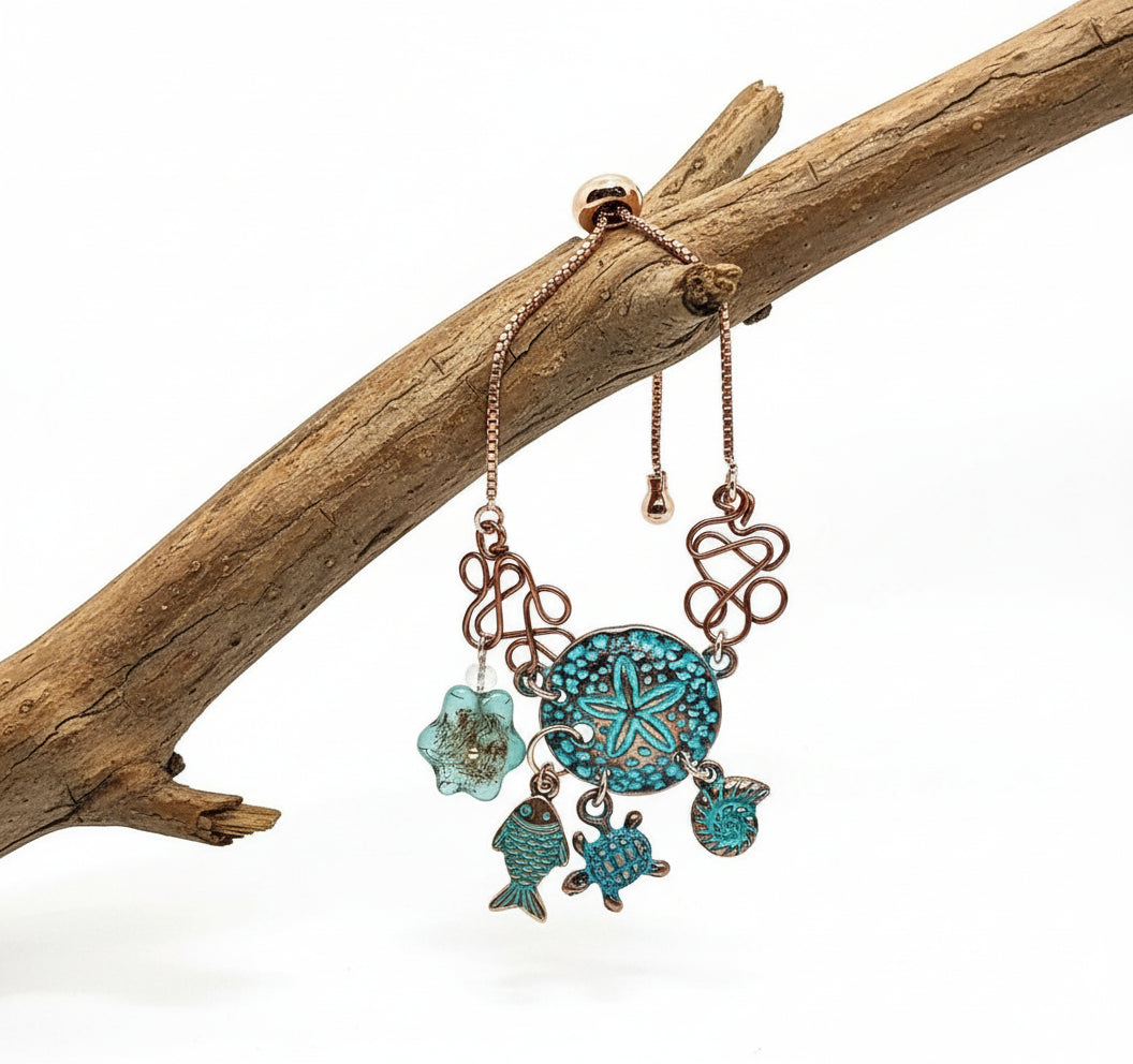 Rose gold adjustable patina charm bracelet