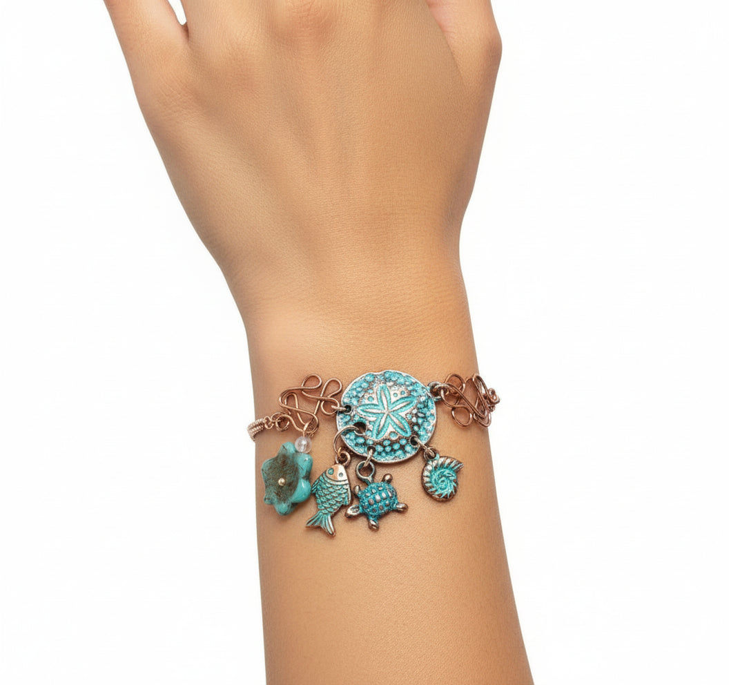 Rose gold adjustable patina charm bracelet