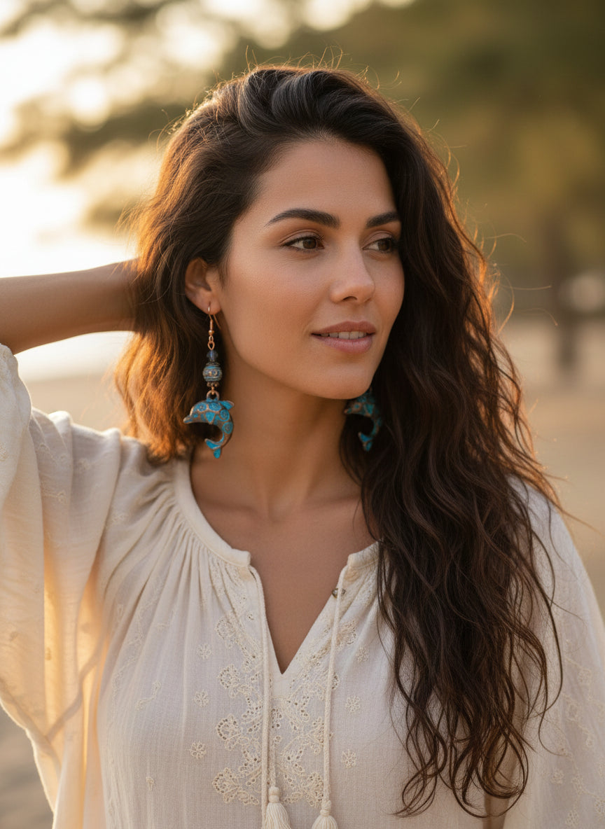 Dolphin-shaped earrings with blue patterns hanging from a branch on a white background