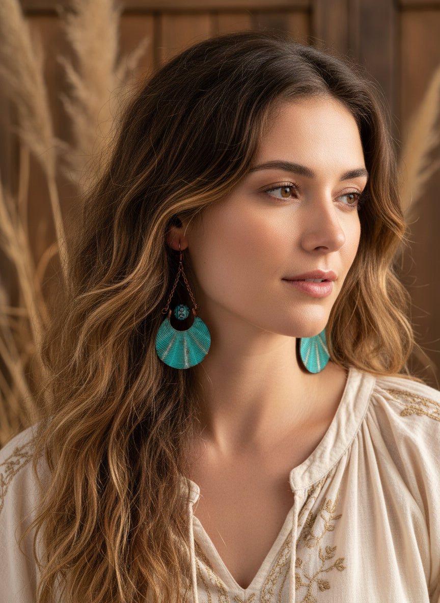 Turquoise earrings with chain and bead details hanging from a branch on a white background