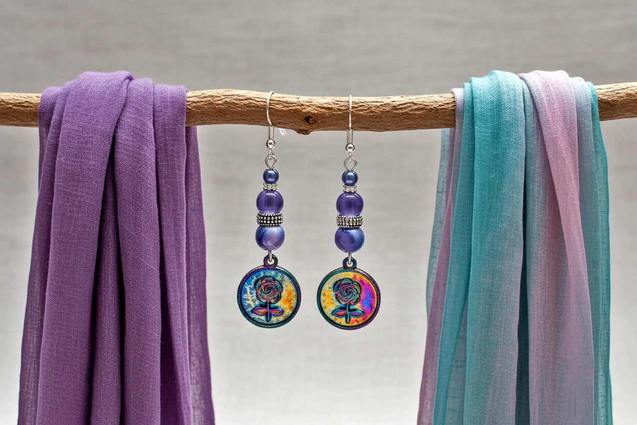 Rainbow Flower Charm Earrings - Stainless Steel Dangle Earrings with Purple Glass Beads