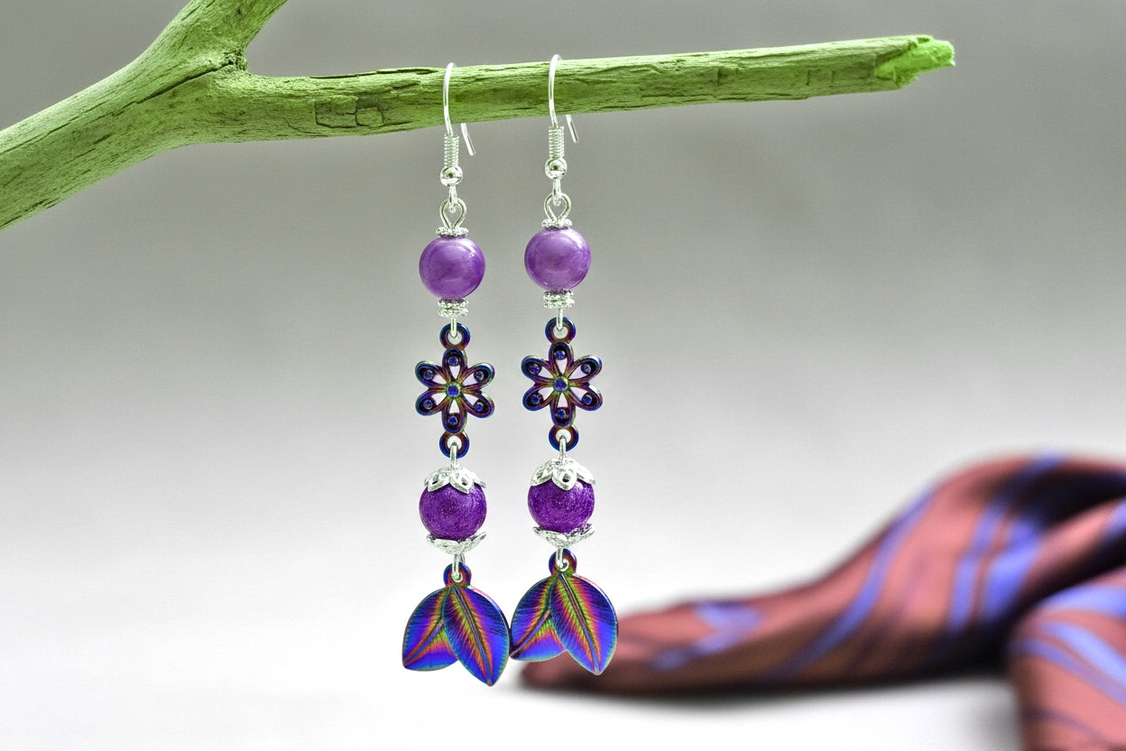 Rainbow Leaf Earrings - Stainless Steel Dangle Earrings with Glass Beads