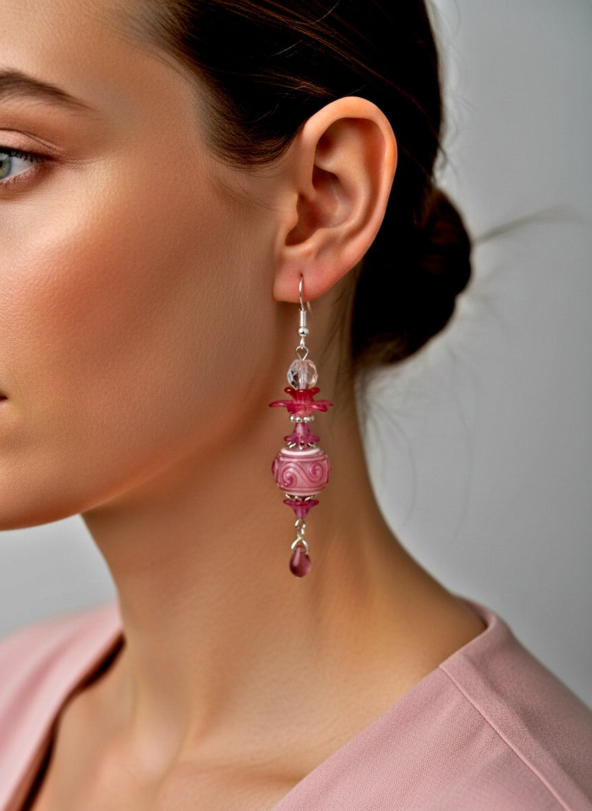 Pink Lampwork Drop Earrings - Handcrafted Glass Beads | 2.75 Inches