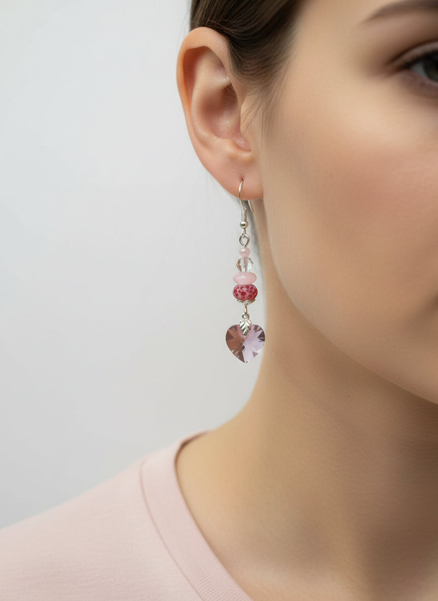 Pink Crystal Heart Earrings,mini lampwork for an Artist
