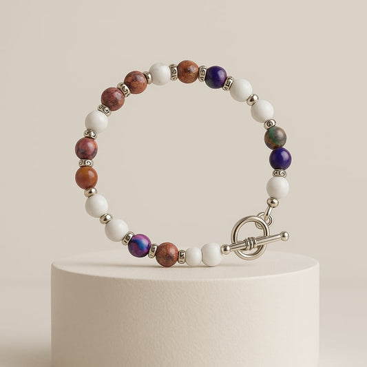 Purple White stone Bracelet stretchy with toggle