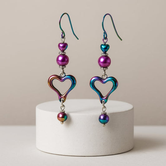 Ion Plating hearts purple rainbow Earrings 2.5inches