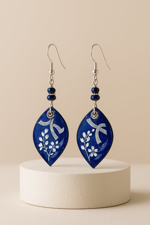 Blue earrings with white floral patterns on a beige background
