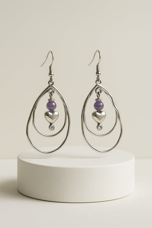 Pair of silver teardrop earrings with purple beads on a white pedestal