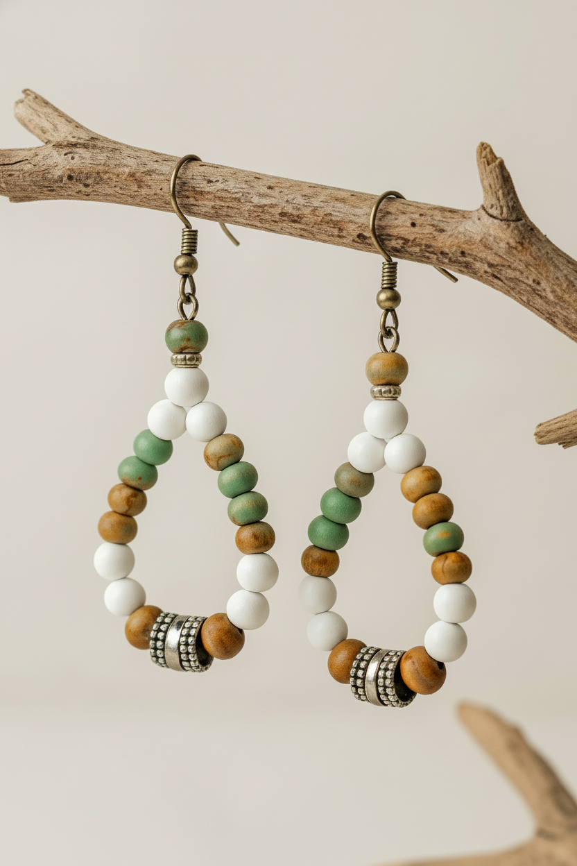 Beaded earrings on a branch against a neutral background