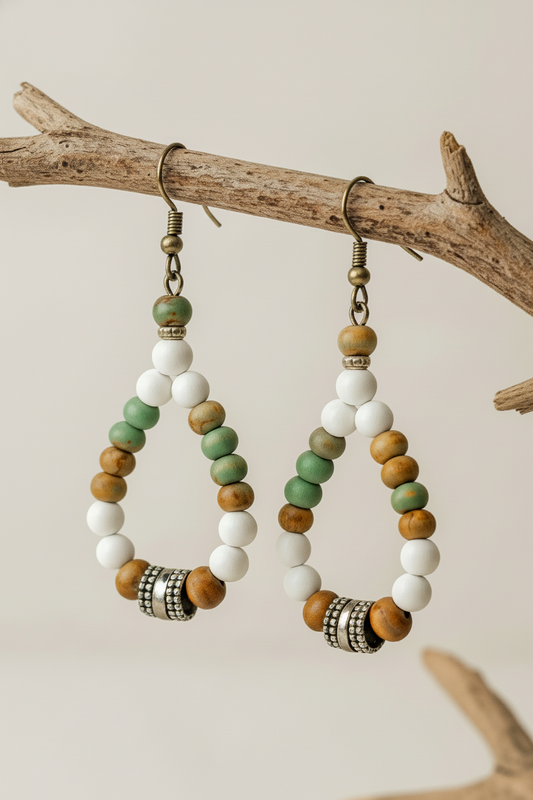 Beaded earrings on a branch against a neutral background