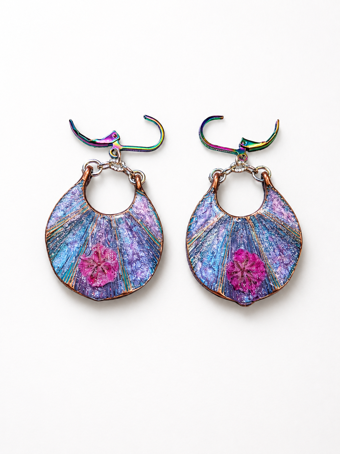 Iridescent Blue & Purple Floral Resin Earrings – Handmade Statement