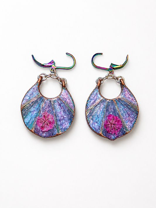Iridescent Blue & Purple Floral Resin Earrings – Handmade Statement