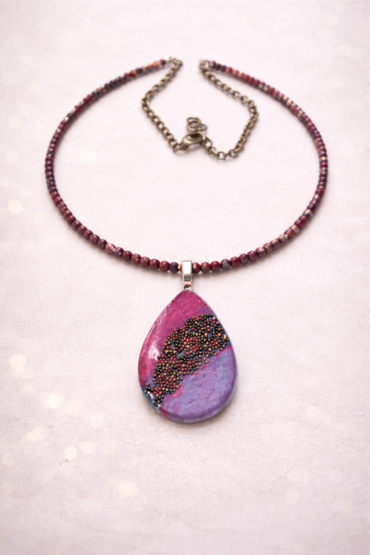 Handmade Resin Pendant Necklace - Bronze Chain with Painted Beads | 20 Inches