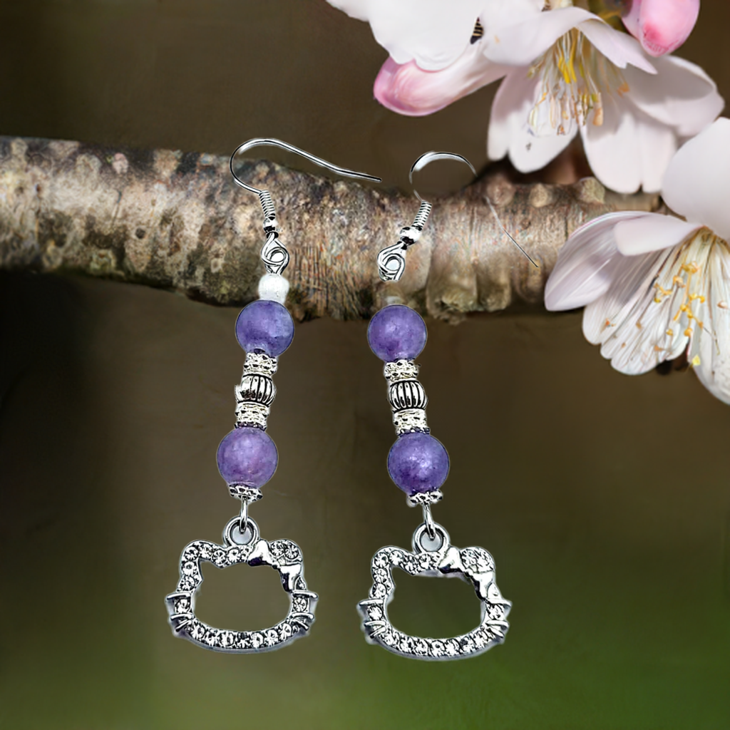 Cat charm Earrings with gemstone or crystal bead