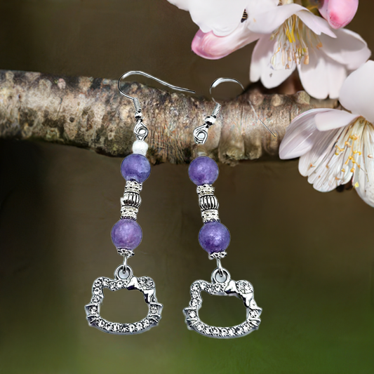 Cat charm Earrings with gemstone or crystal bead